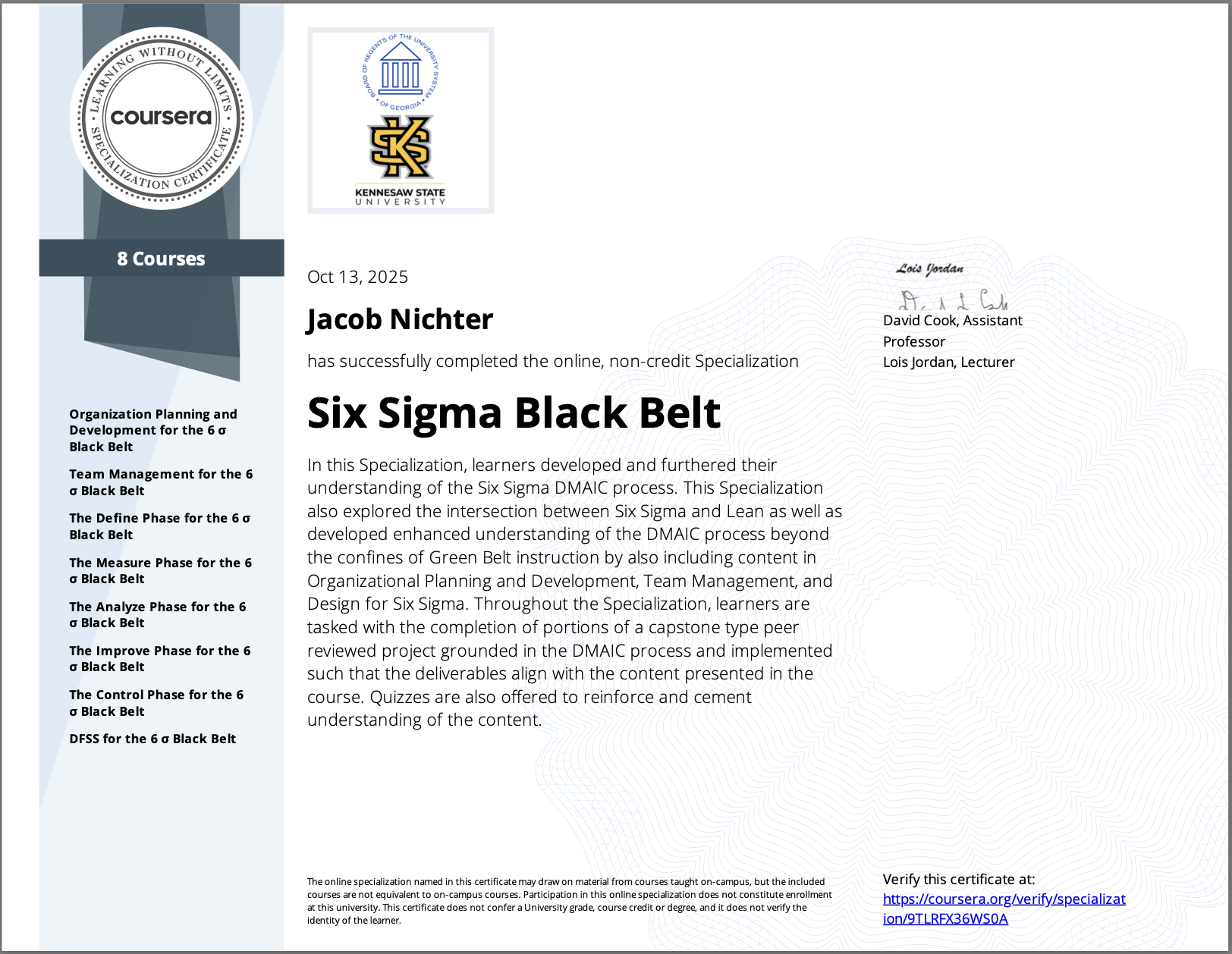 Six Sigma Black Belt certificate